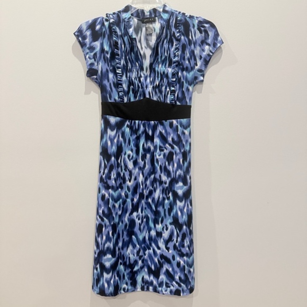 Joei & I Blue Teal Print Midi Dress Ruffle Collar Tie Back Sz M AP